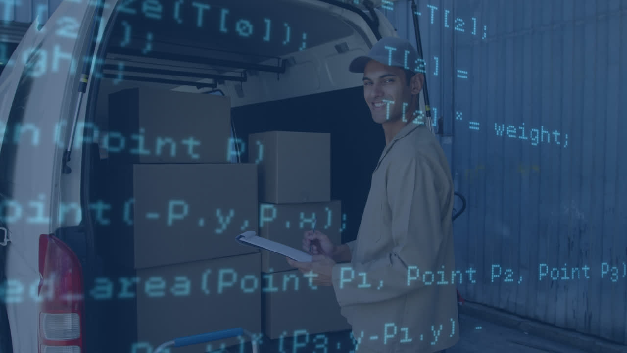 Animation of data processing over happy caucasian male courier