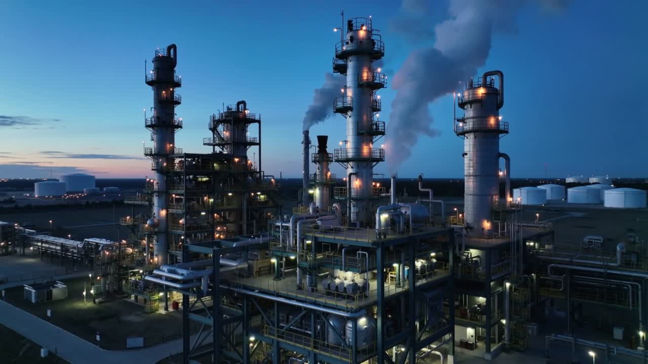 Camera drifting forward right revealing refinery twilight lit towers pipes and rising steam plume