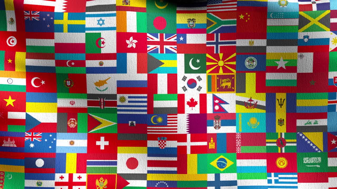 Seamless Loop 4K VDO. Flags collection of the world. 3D rendering illustration of waving sign symbol. International flags.