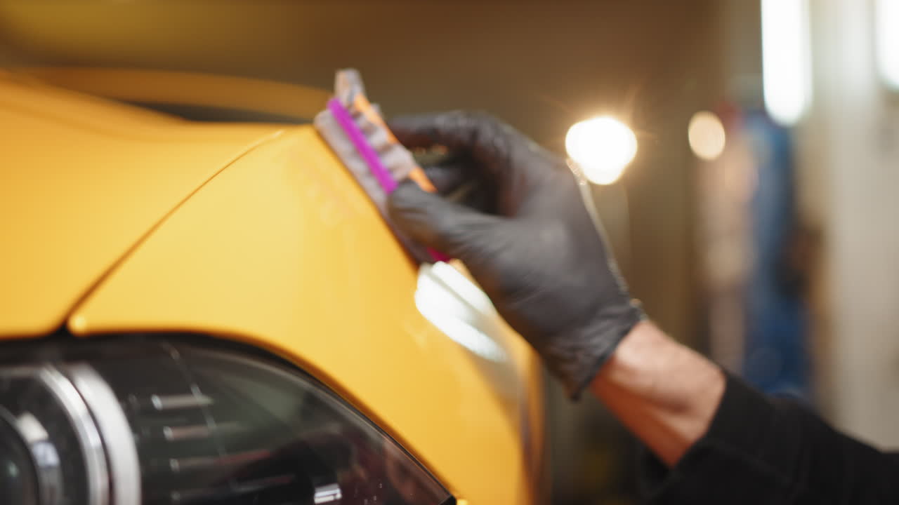 proceso de detallado de automóviles - pulido de un automóvil amarillo