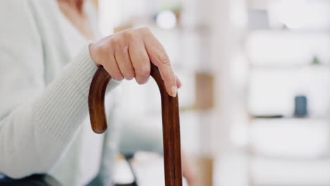 hand, walking stick and closeup for woman