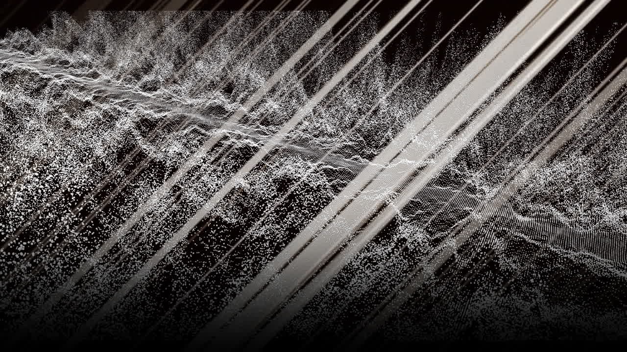 Animation of white diagonal lines over waves of white particles on black background