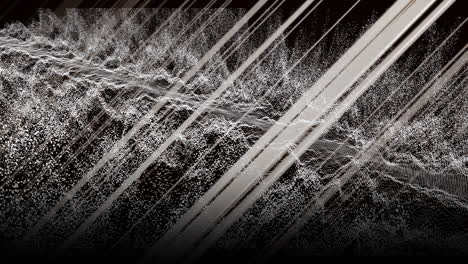 animación de líneas diagonales blancas sobre ondas de partículas blancas sobre fondo negro