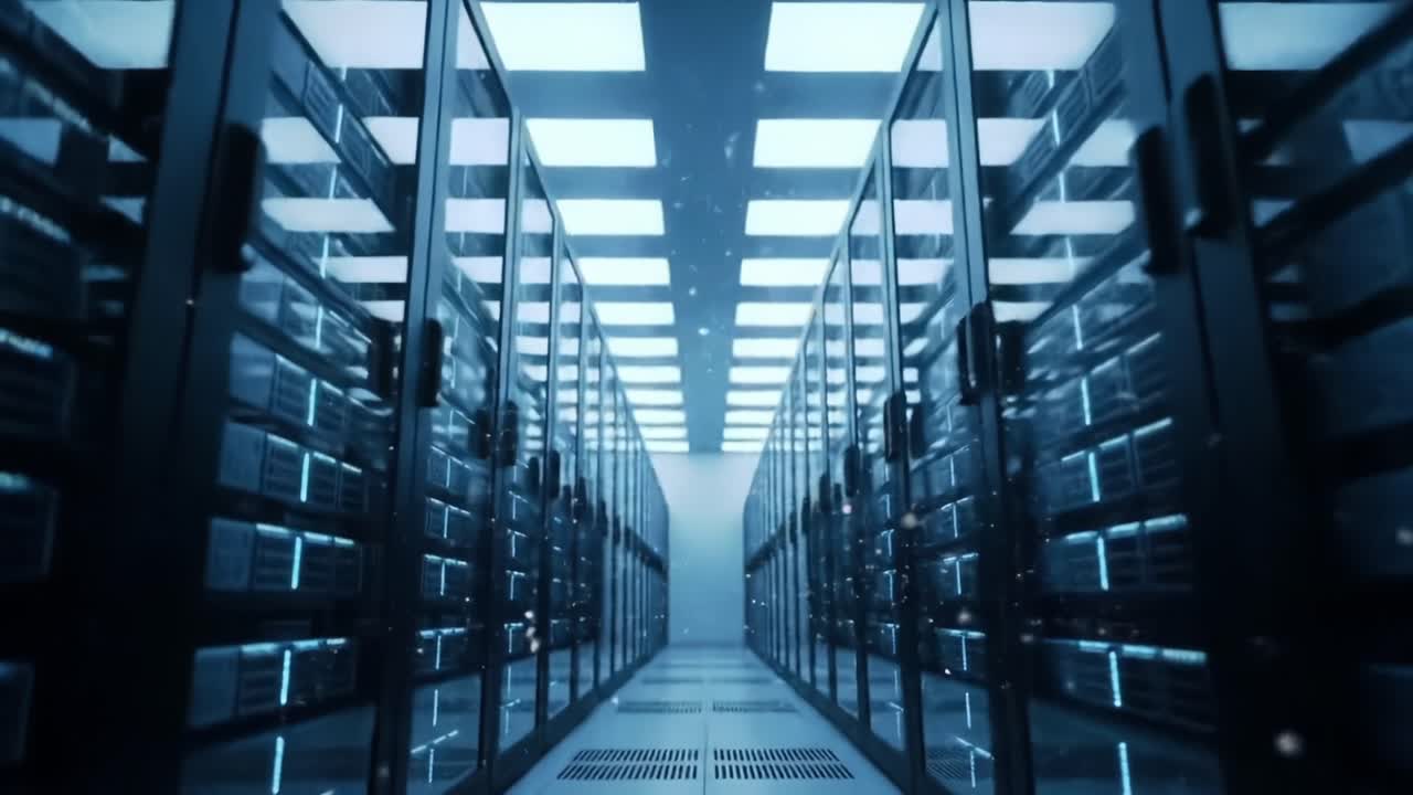 Exploring a Modern Data Center: The Heart of Information Technology Infrastructure with High-Density Servers and Advanced Cooling Systems in a Futuristic Environment