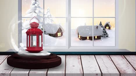 Animation-of-christmas-snow-globe-and-snow-falling-seen-through-window