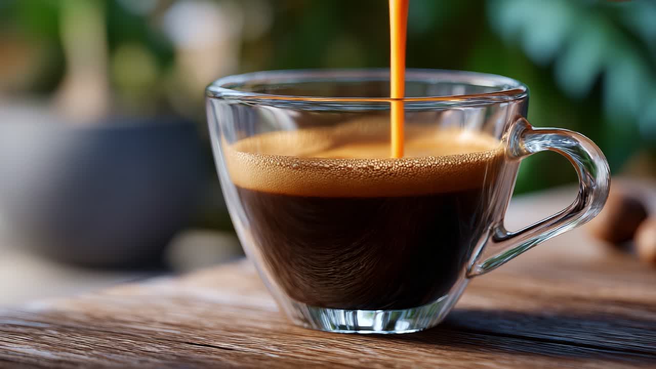Espresso ricco e aromatico servito in una tazza di vetro trasparente, che mostra una crema vellutata, perfetto per gli appassionati di caffè e un delizioso inizio di giornata