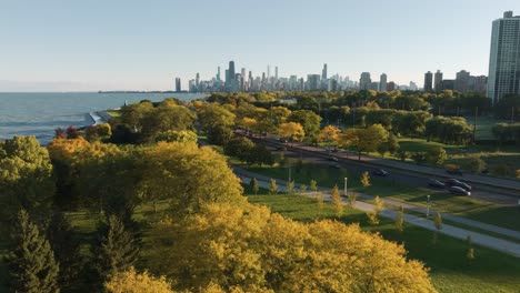 chicago lakefront trail aerial view with fall foliage