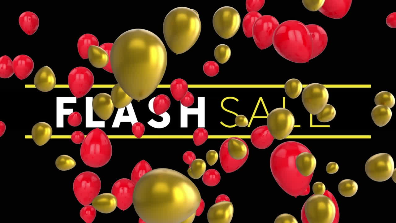 animación de texto de venta flash y globos sobre fondo negro