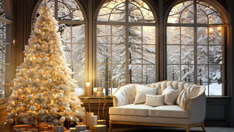 a white christmas tree sits in front of a window with snow outside. a white couch is in the background