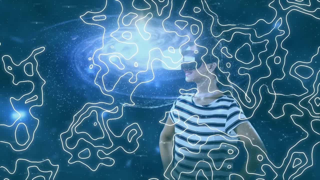 vr 헤드 ⁇ 과 파란 빛을 착용 한 여성 위로 움직이는 윤 ⁇  선의 애니메이션