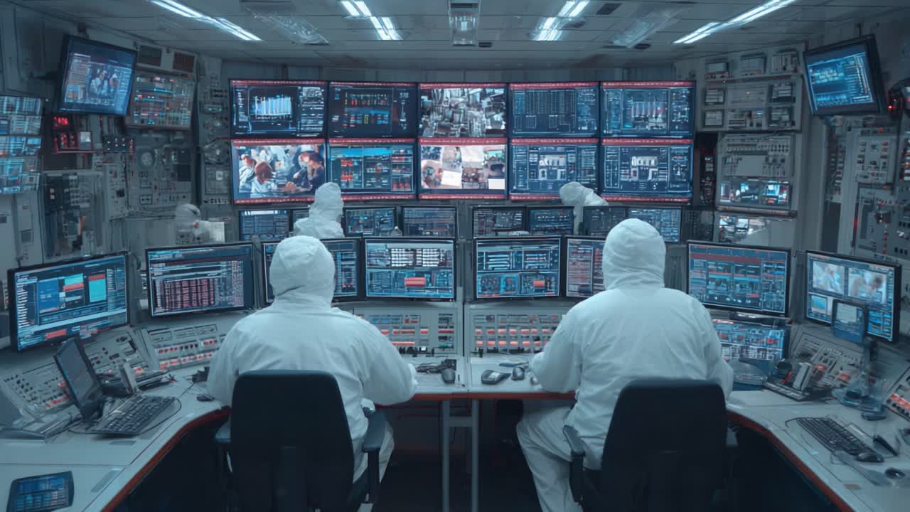 Operators in Protective Gear Monitor Complex Control Center Filled with Data Screens and Various Charts, Ensuring Safe Operations Amidst Advanced Technology Environments