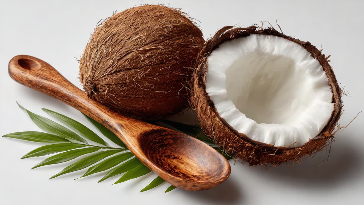 Close-Up of Fresh Coconut Halves with Wooden Spoon and Green Leaf on White Background, Showcasing the Rich Texture of Coconut Meat and Natural Elements