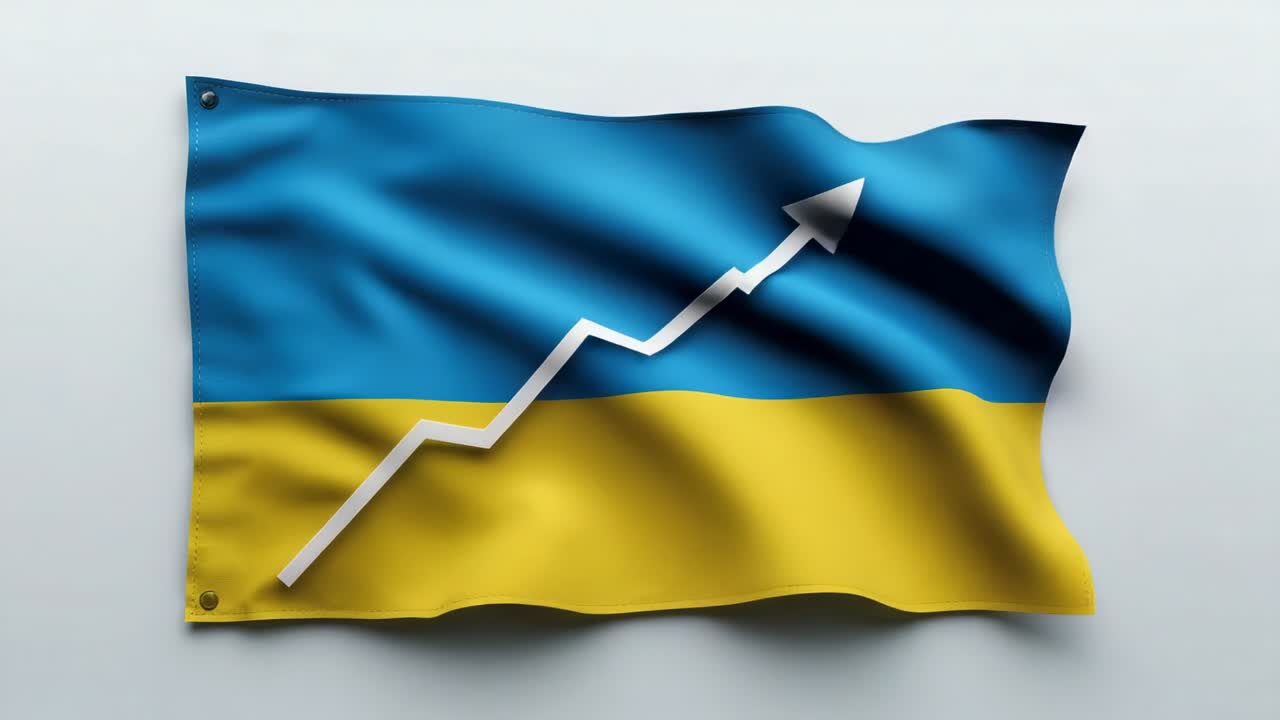 Rippling Ukrainian flag with white zigzag arrow and metal grommets moving in breeze in studio