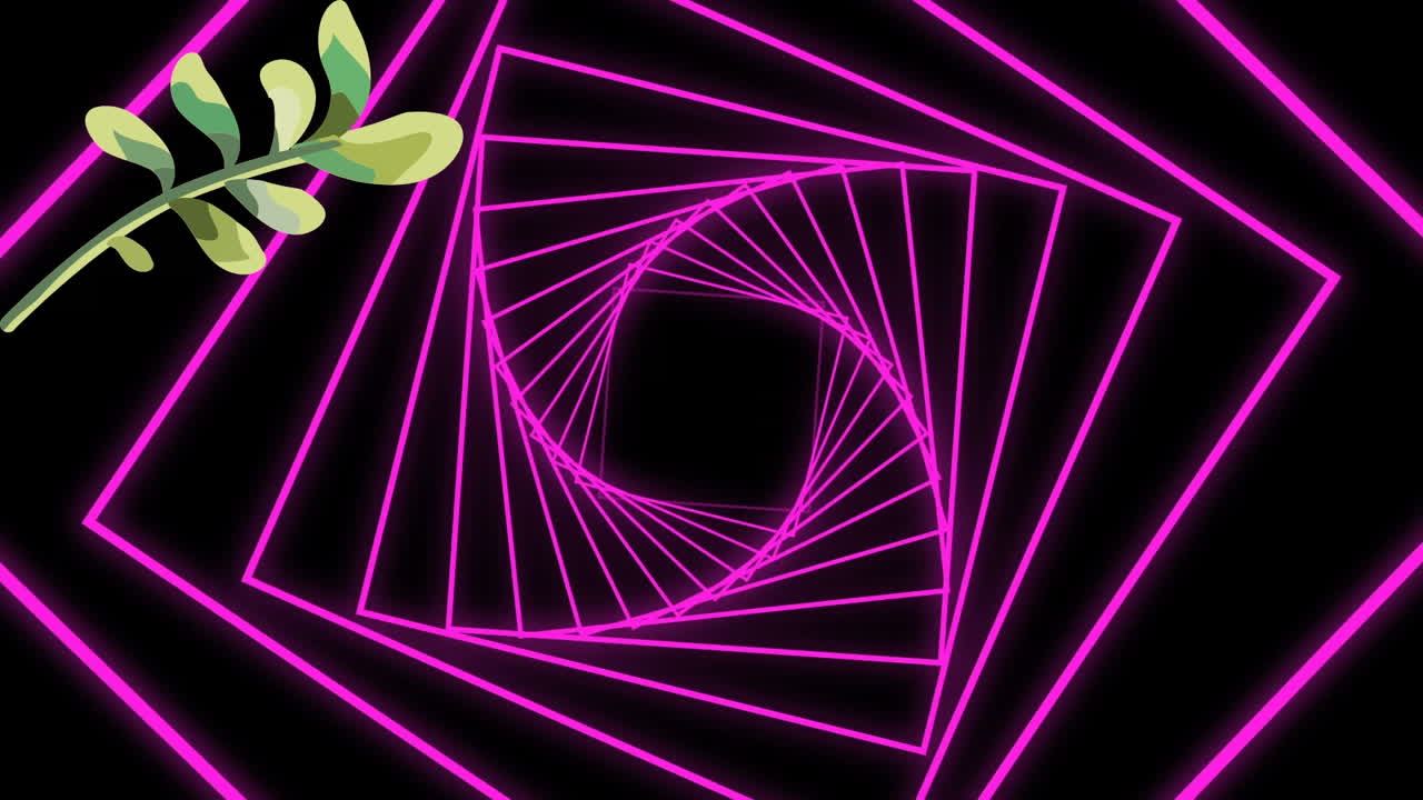 Animation of leaf and pink linear shapes rotating on black background