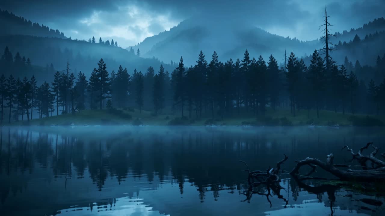 Drifting clouds and light shifting, tree-lined shoreline reflecting on mountain lake, drifting mist