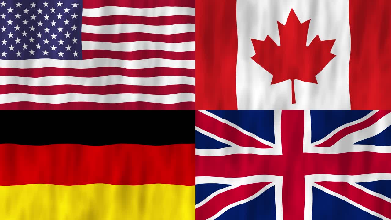 G7 Group flags country animation 3D symbol waving in wind movement national patriotism world culture emblem banner republic USA America Canada Germany UK United Kingdom