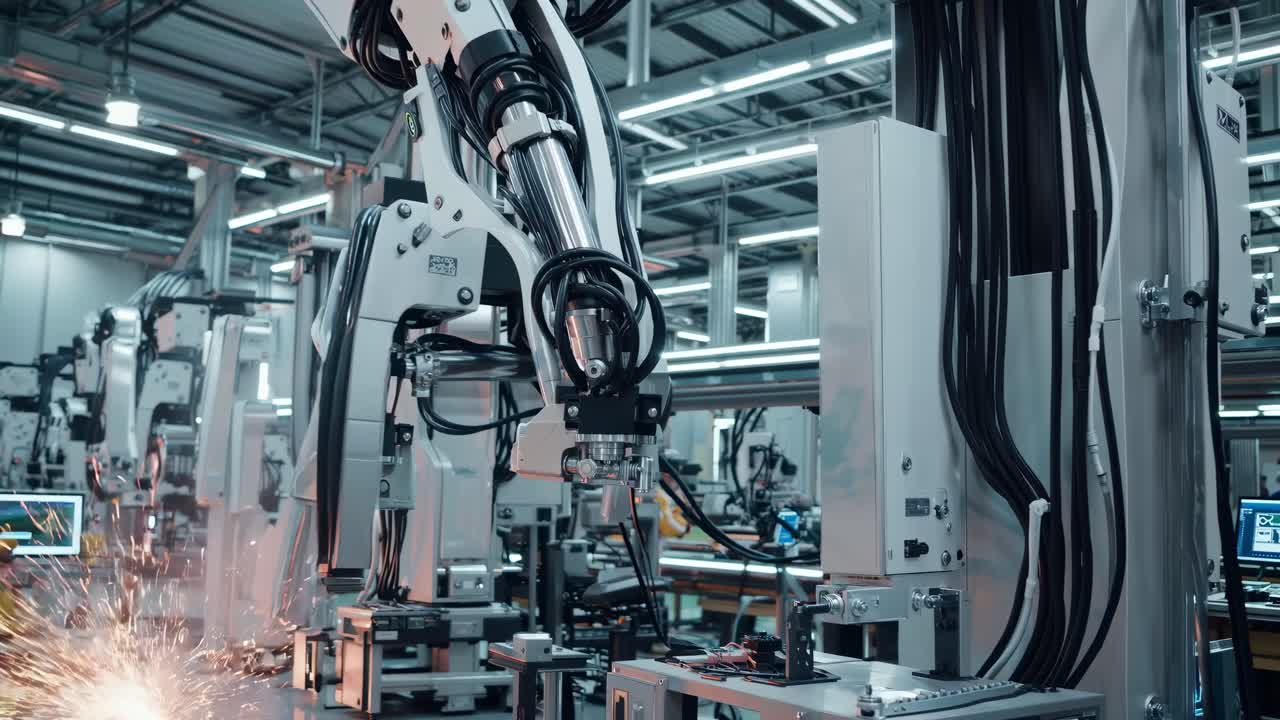Rekaman video sudut tinggi lengan robot di pabrik, menampilkan otomatisasi canggih dan percikan api.