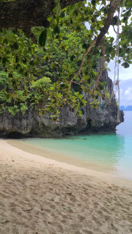 Vídeo-Vertical,-Playa-Vacía-Bajo-Acantilados-De-Piedra-Caliza-Y-Sombra-De-árboles,-Exuberante-Tropical