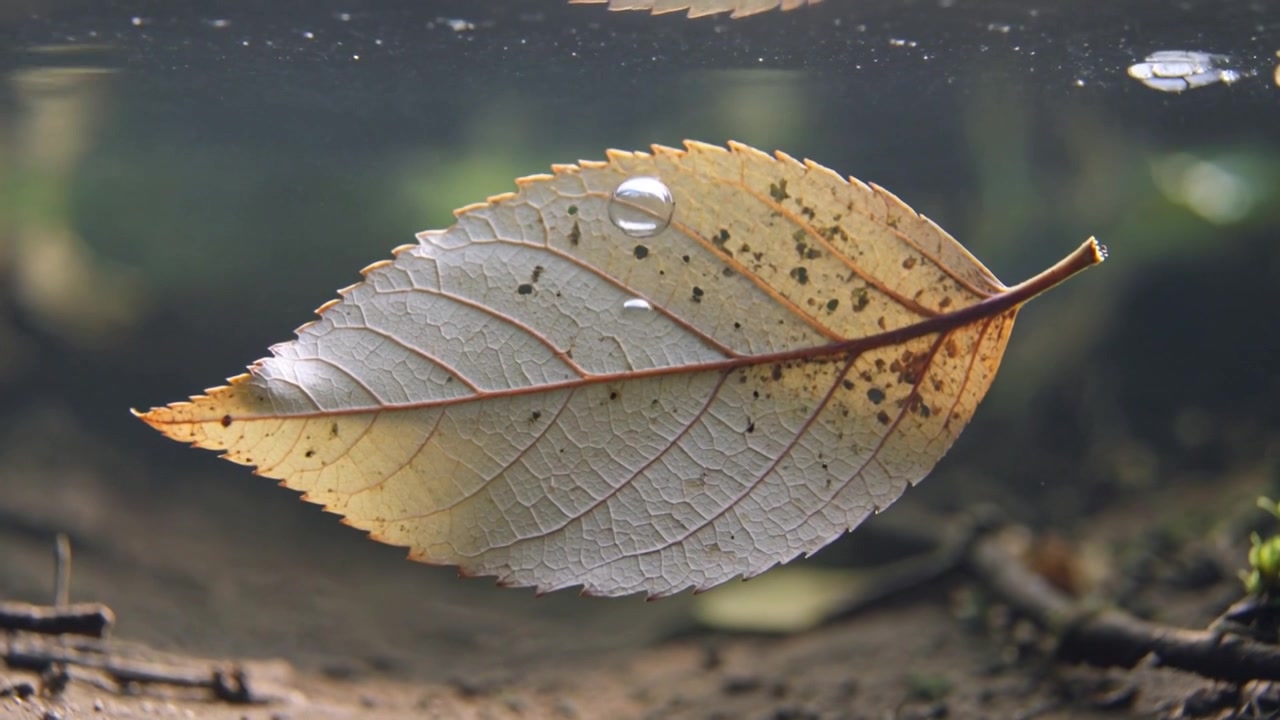 Una piccola bolla che si forma sotto una foglia caduta, la bolla che sale spingendo la foglia a inclinarsi delicatamente in uno stagno