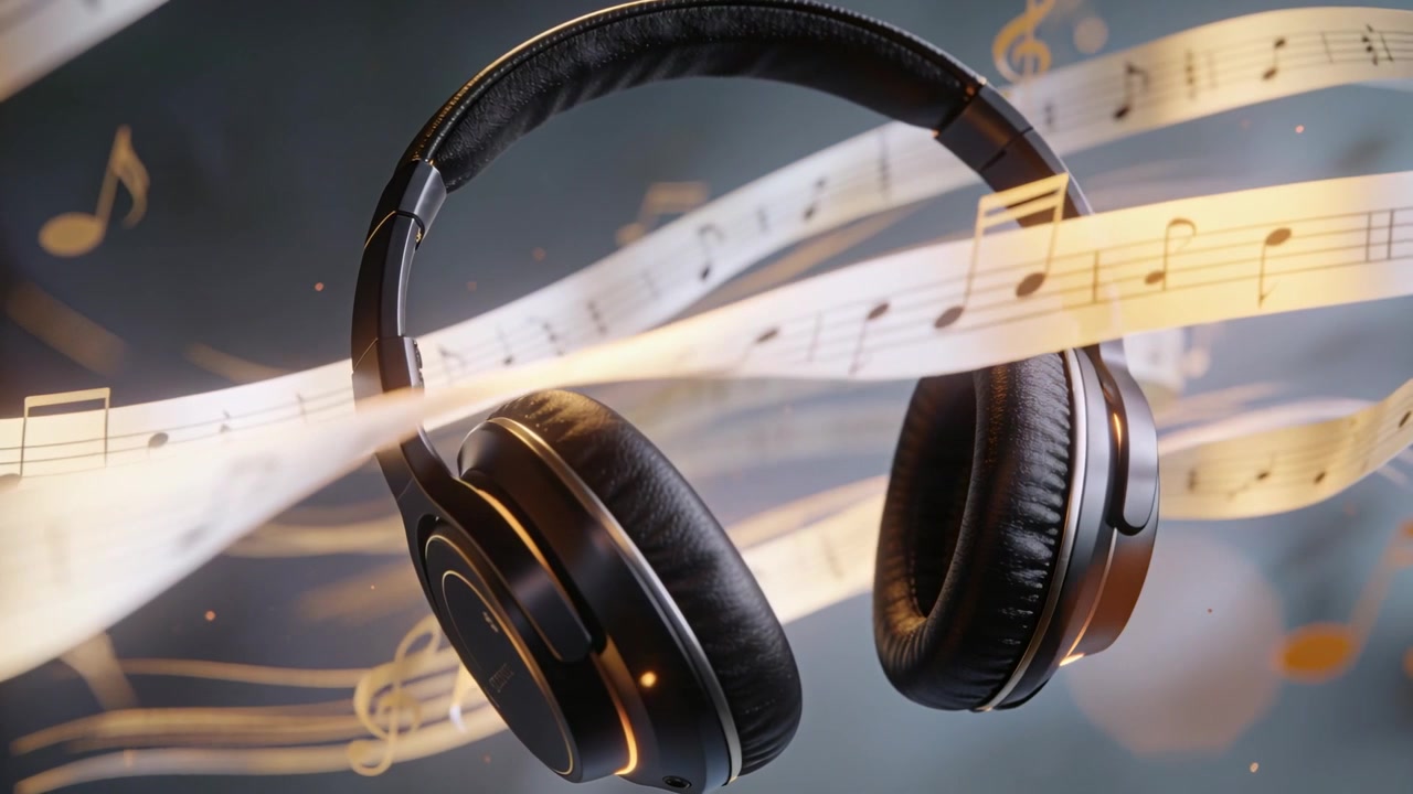 Schwebende Musikbänder umspielen schwarze Kopfhörer, die sich im Studio drehen und neigen, begleitet von leuchtenden Notensymbolen.