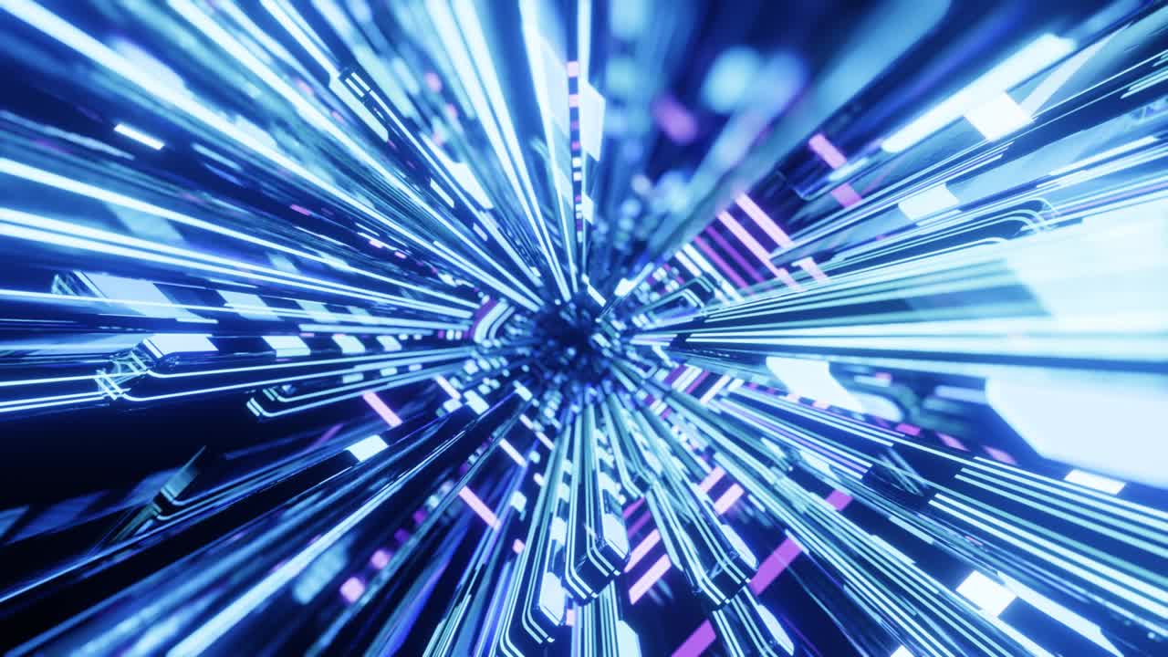 Hi-tech neon sci-fi tunel. Trendy neon glow lines form pattern and construction in mirror tunnel. Fly through technology cyberspace. 3d looped seamless 4k bright youth background