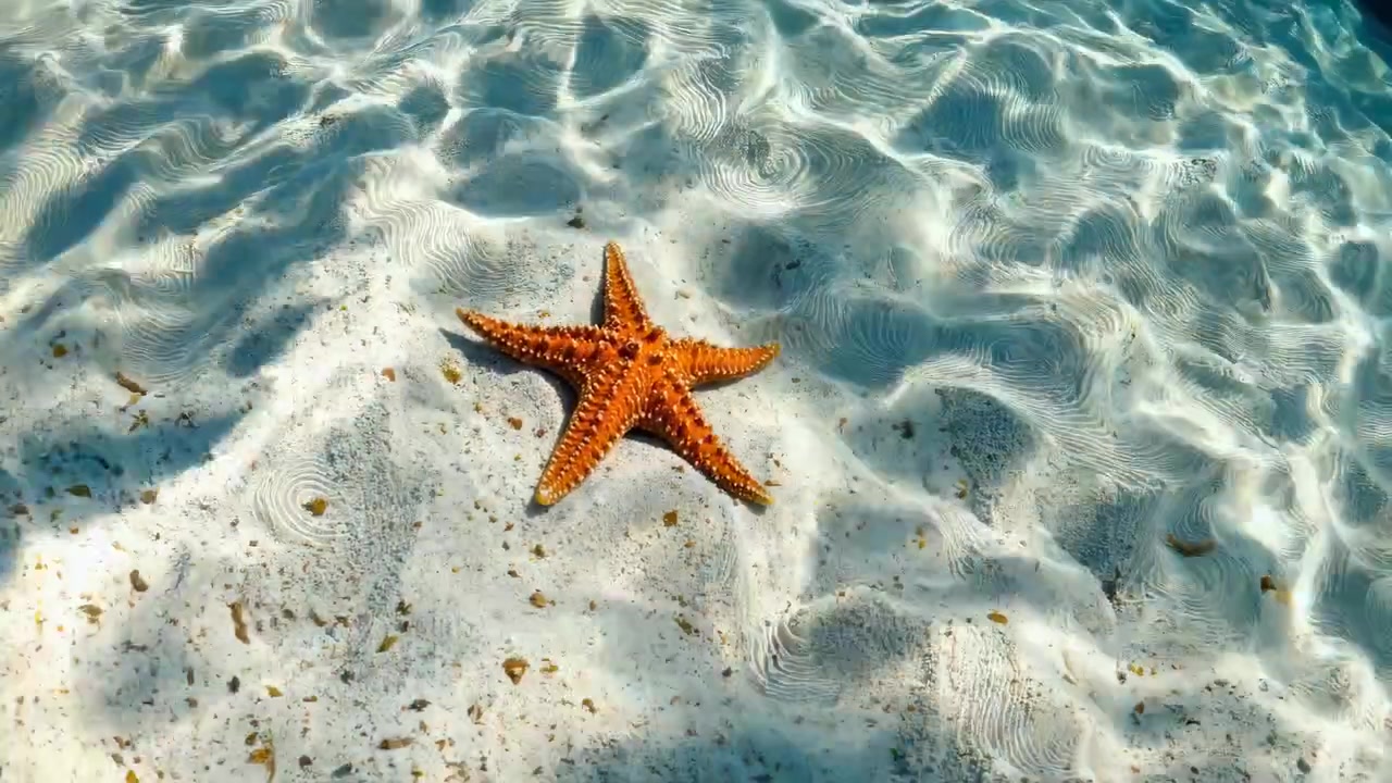 Stella marina arancione adagiata su un fondo marino sabbioso bianco in acqua bassa e limpida
