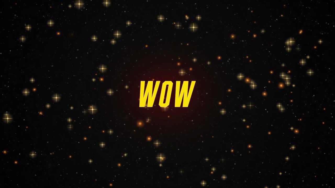 검은색 배경의 별 위에 와우 텍스트의 애니메이션