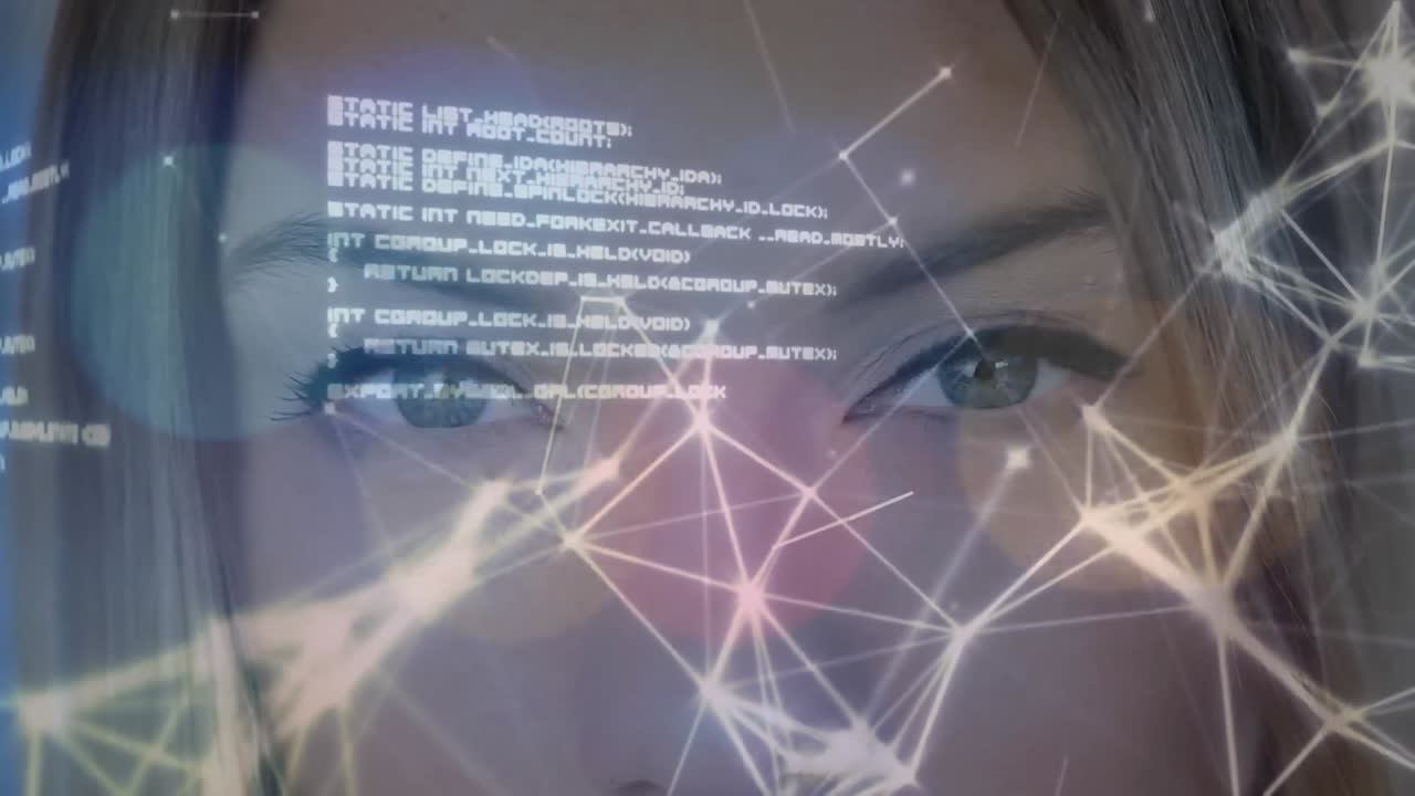 Animation of data processing and network of connections over woman's face