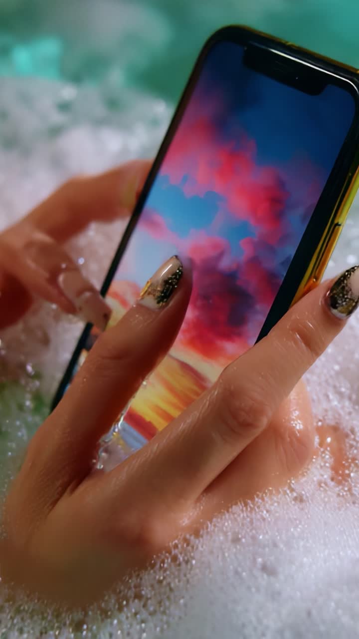 A close-up view of a hand holding a smartphone displaying a stunning sunset scene while submerged in a bubbly bath, showcasing relaxation and luxury with vibrant colors and a gentle atmosphere