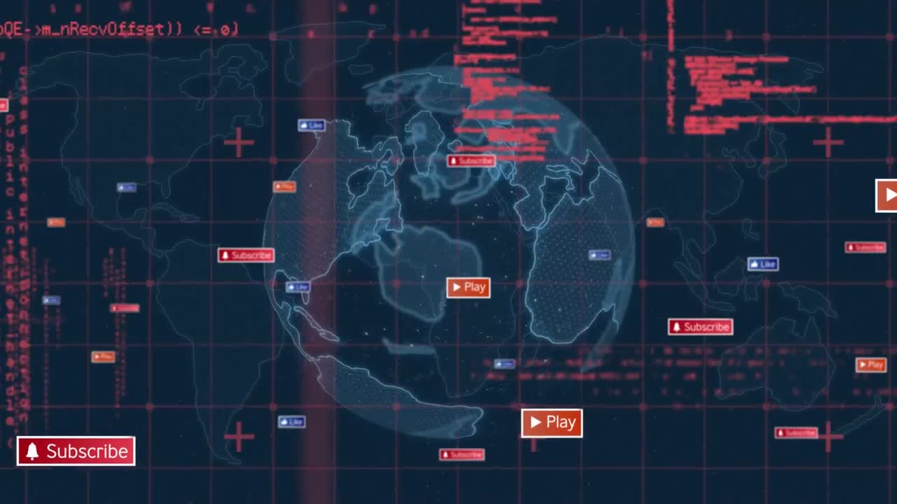 animación de iconos de medios y procesamiento de datos en el mapa del mundo y el globo.