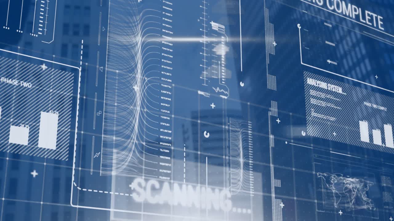 로딩 바, 지도, 그래프, 텍스트, 건물의 낮은 각도 뷰를 통해 컴퓨터 언어의 애니메이션