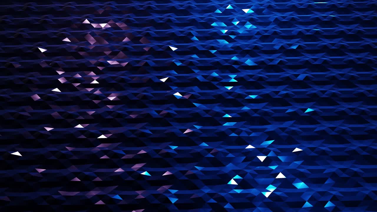 4k에서 세련된 어두운 추상적인 낮은 폴리 배경, 추상적인 파동은 반이는 금속 표면에서 루프로 움직입니다, 부드러운 부드러운 무 애니메이션, 간단한 미니멀리즘 기하학, 푸른 색.