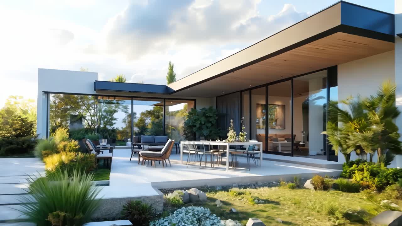 A rendering of a modern house with a patio and a garden