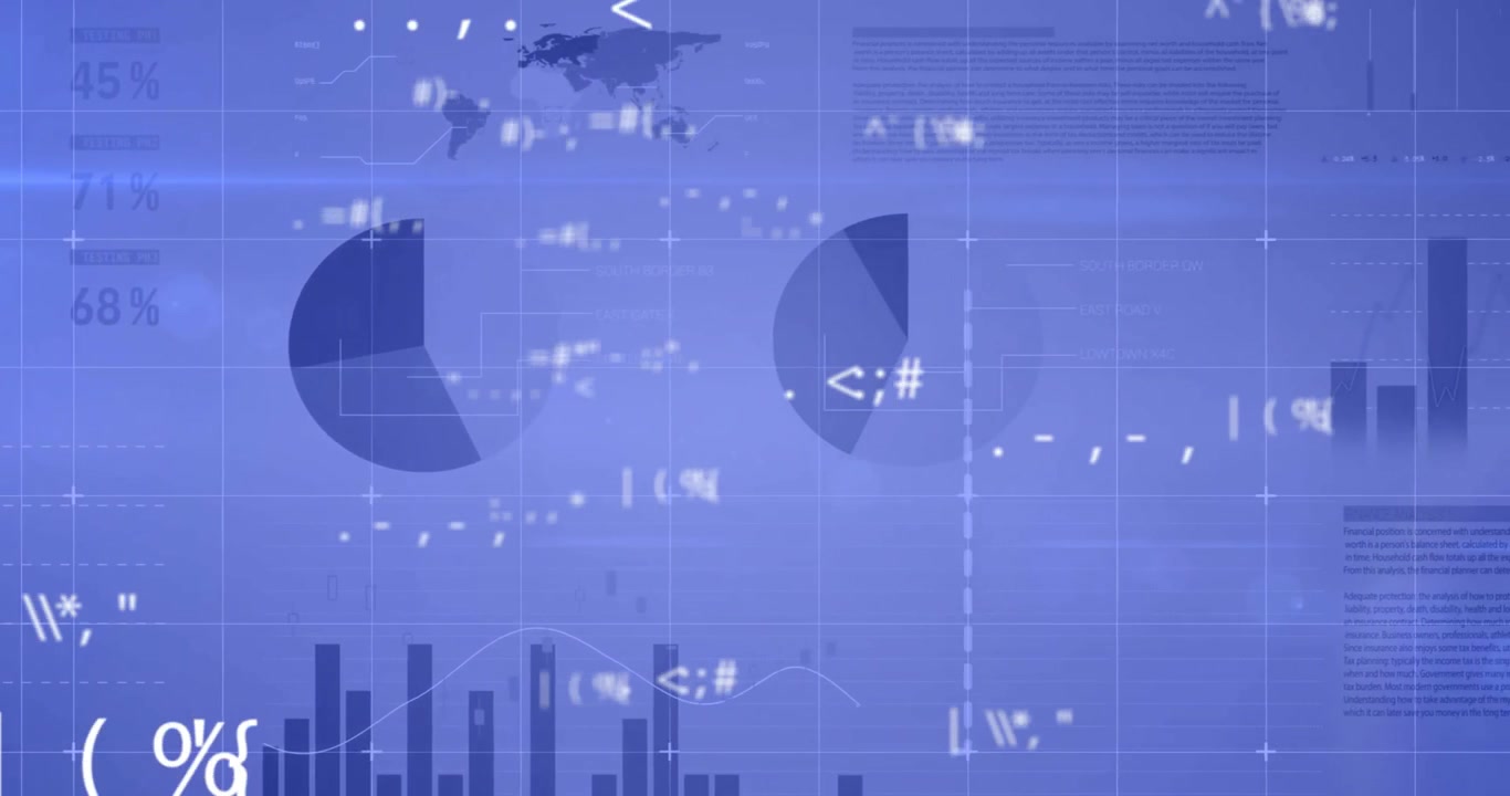 Digital Financial Data Visualization with Floating Symbols and Charts