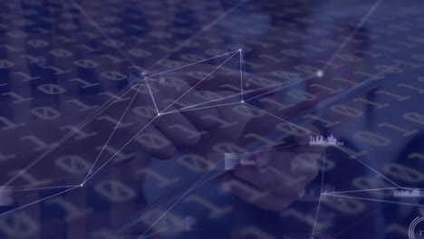 animation of networks of connections over binary coding and person using smartphone