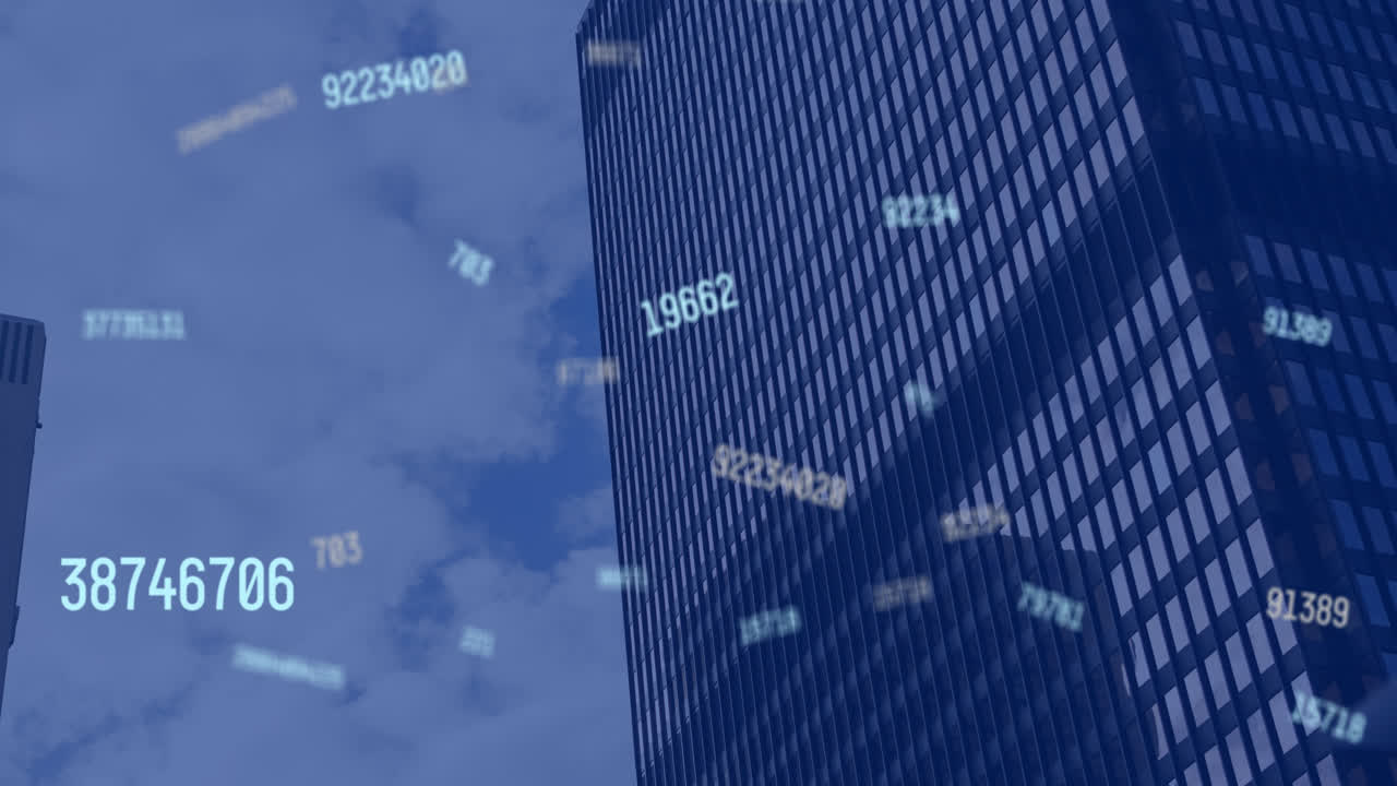 도시 풍경 위에서 떨어지는 숫자의 애니메이션