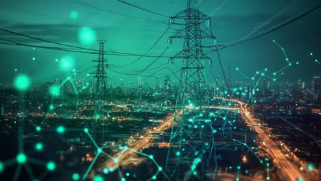 cityscape at night with power lines and digital overlay