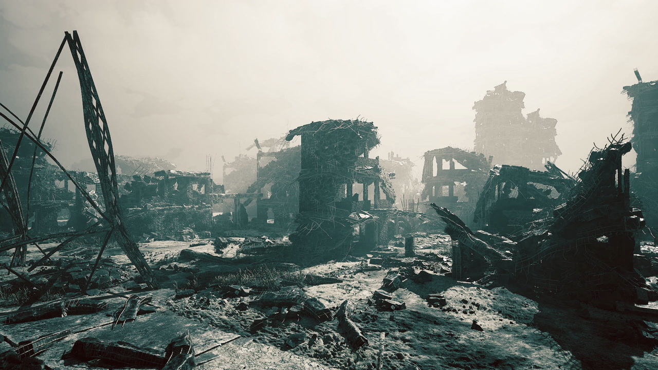 Devastated metropolis with shattered structures and smoky skies