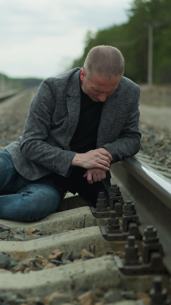 un hombre con un blazer gris y pantalones vaqueros azules tendidos en una vía ferroviaria, mirando contemplativo y serio