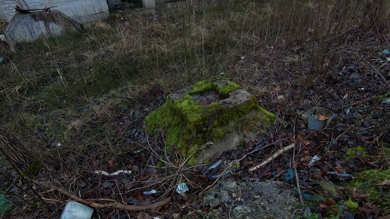 Moss Covered Old Abandoned Building Structure. Handheld Rotating Slow Motion Shot