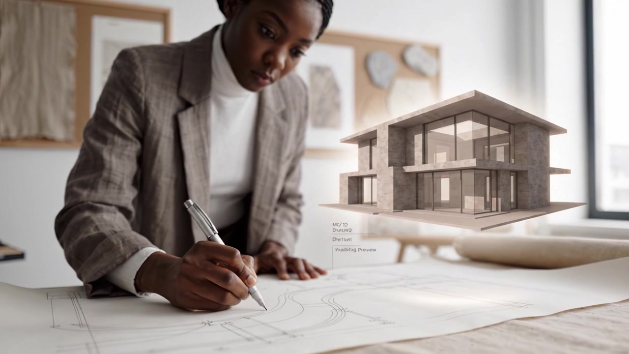 Architect werkt nauwgezet aan bouwplannen terwijl hij een 3D-model van een moderne structuur visualiseert, wat creativiteit en precisie in de architectuur benadrukt.
