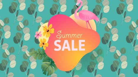 Summer-sale-over-orange-banner-and-flamingo-against-leaves-on-green-background