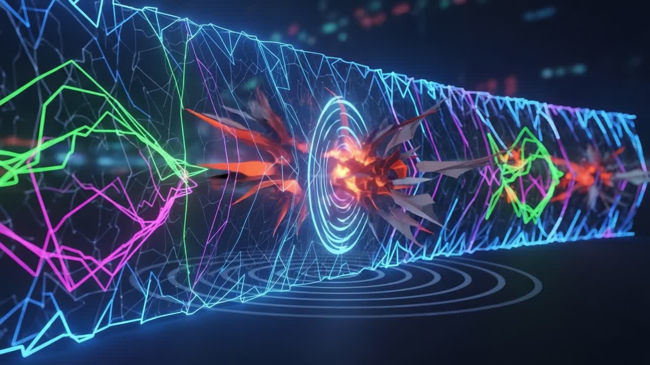 Dynamic Abstract Visuals: A Mesmerizing Display of Vivid Colors, Geometric Shapes, and Futuristic Patterns in a Modern Digital Composition