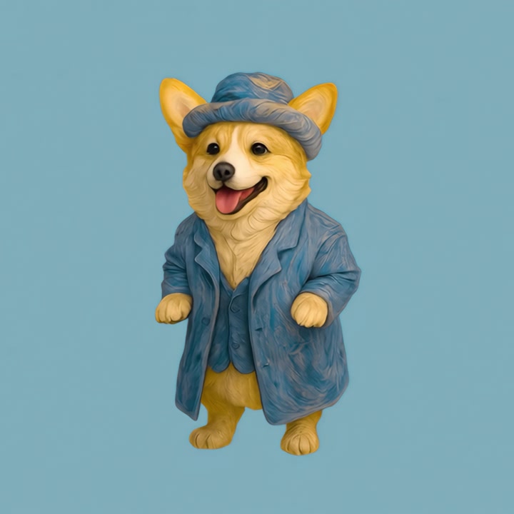Lindo perro corgi vestido con un abrigo y un sombrero azules
