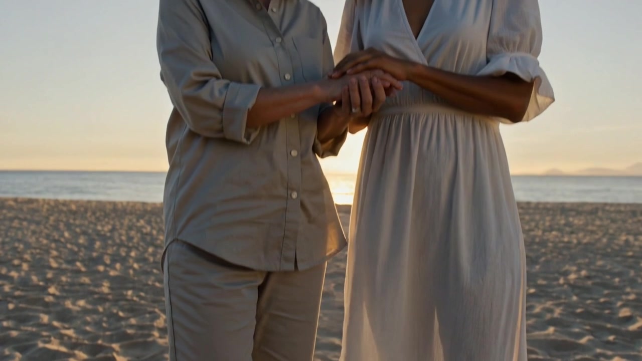 Coppia a piedi nudi che si tiene per mano su una coperta al tramonto, indossando un vestito bianco e una camicia chiara.