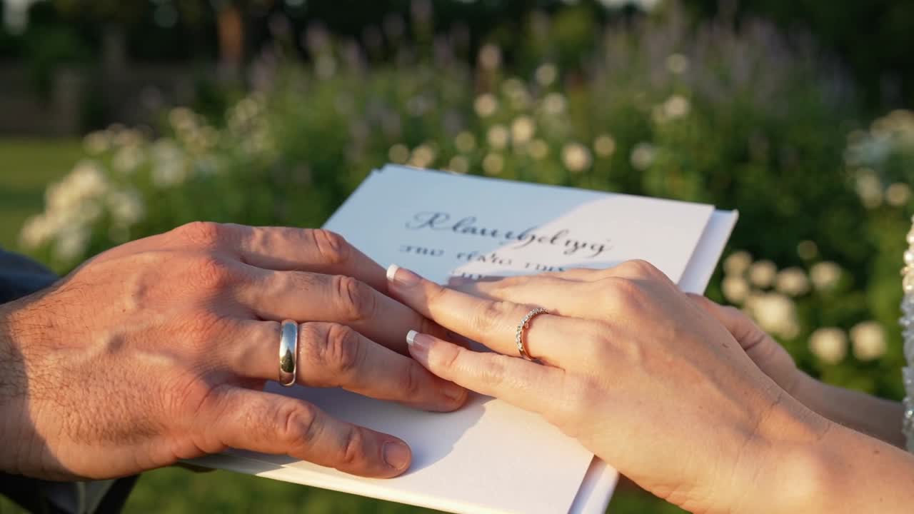 Placing woman's hand over man's hand in suit sleeve steadying white booklet in garden showing rings