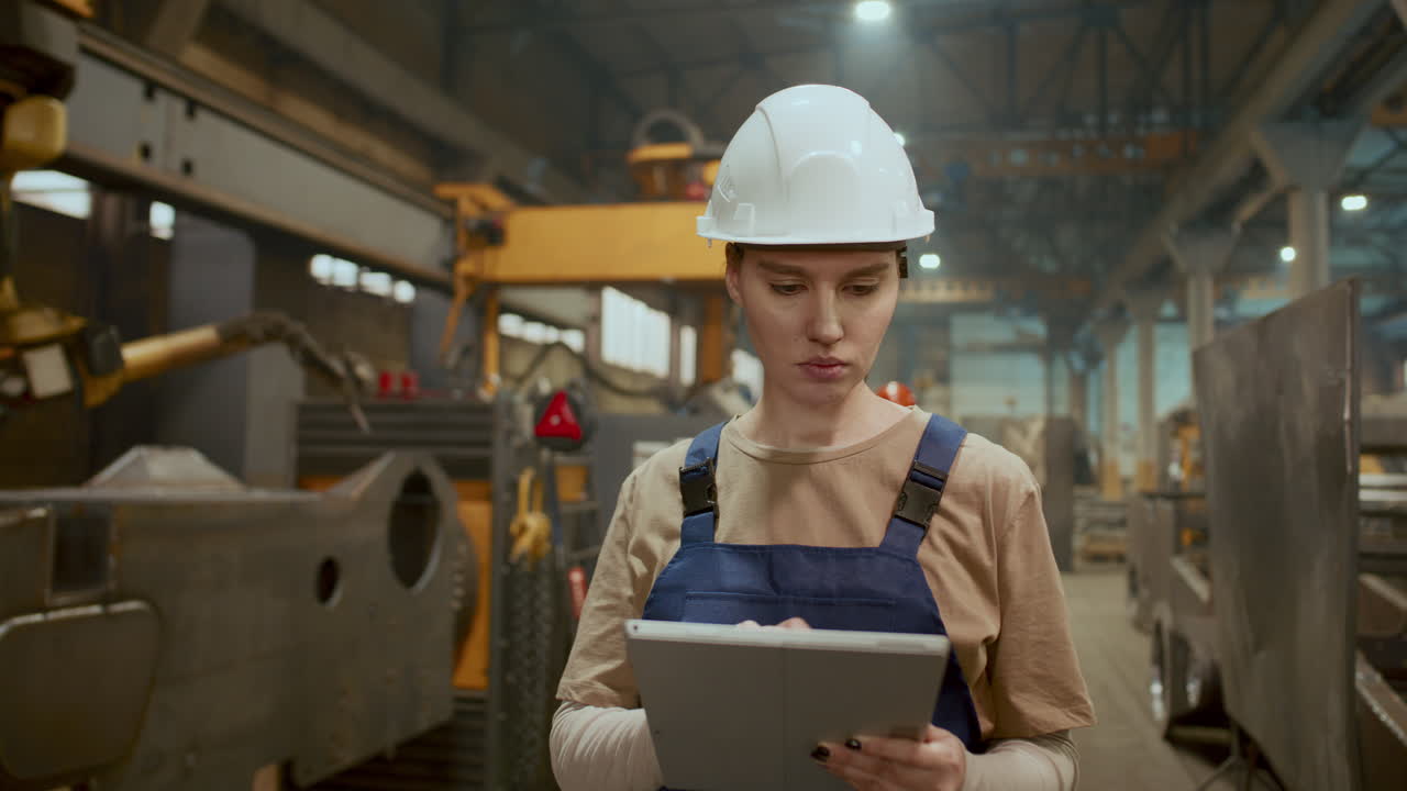 женщина-оператор производства, работающая на цифровом планшете на промышленном заводе