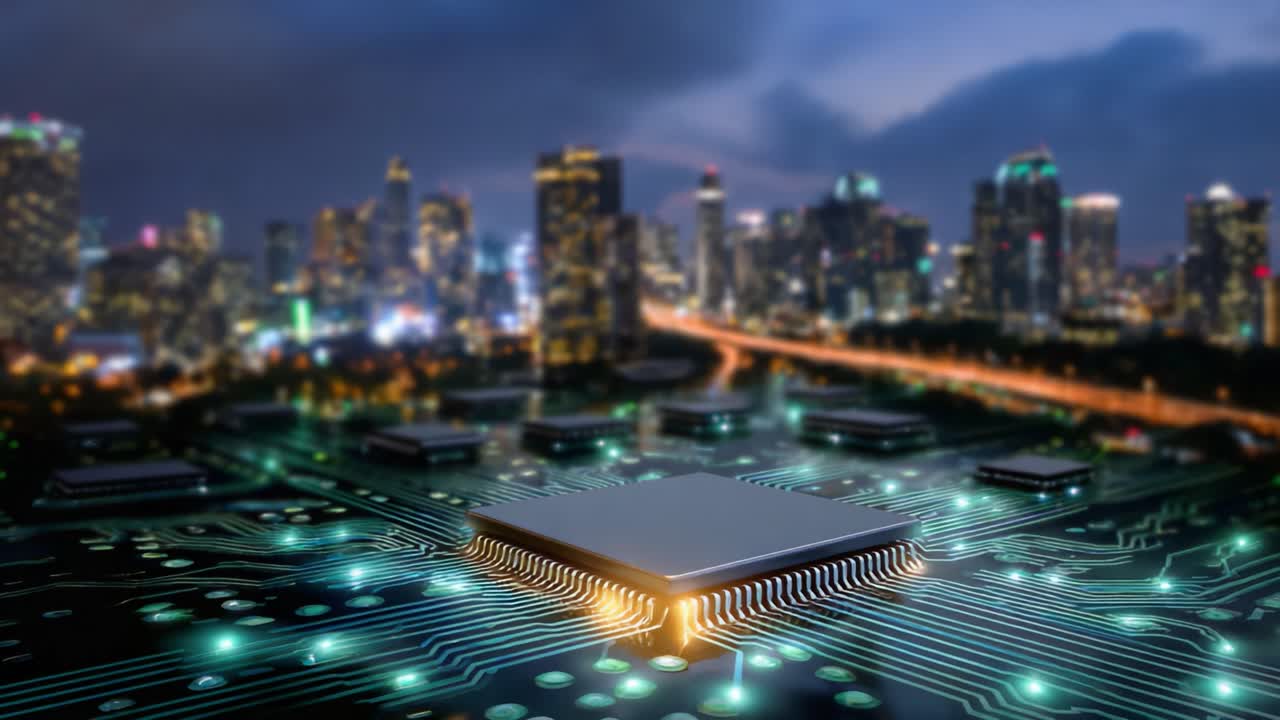 A Futuristic Look at Microchip Design and Urban Expansion, Blending Technology with Modern City Infrastructure in a Beautiful Nightscape Filled with Lights and Innovation