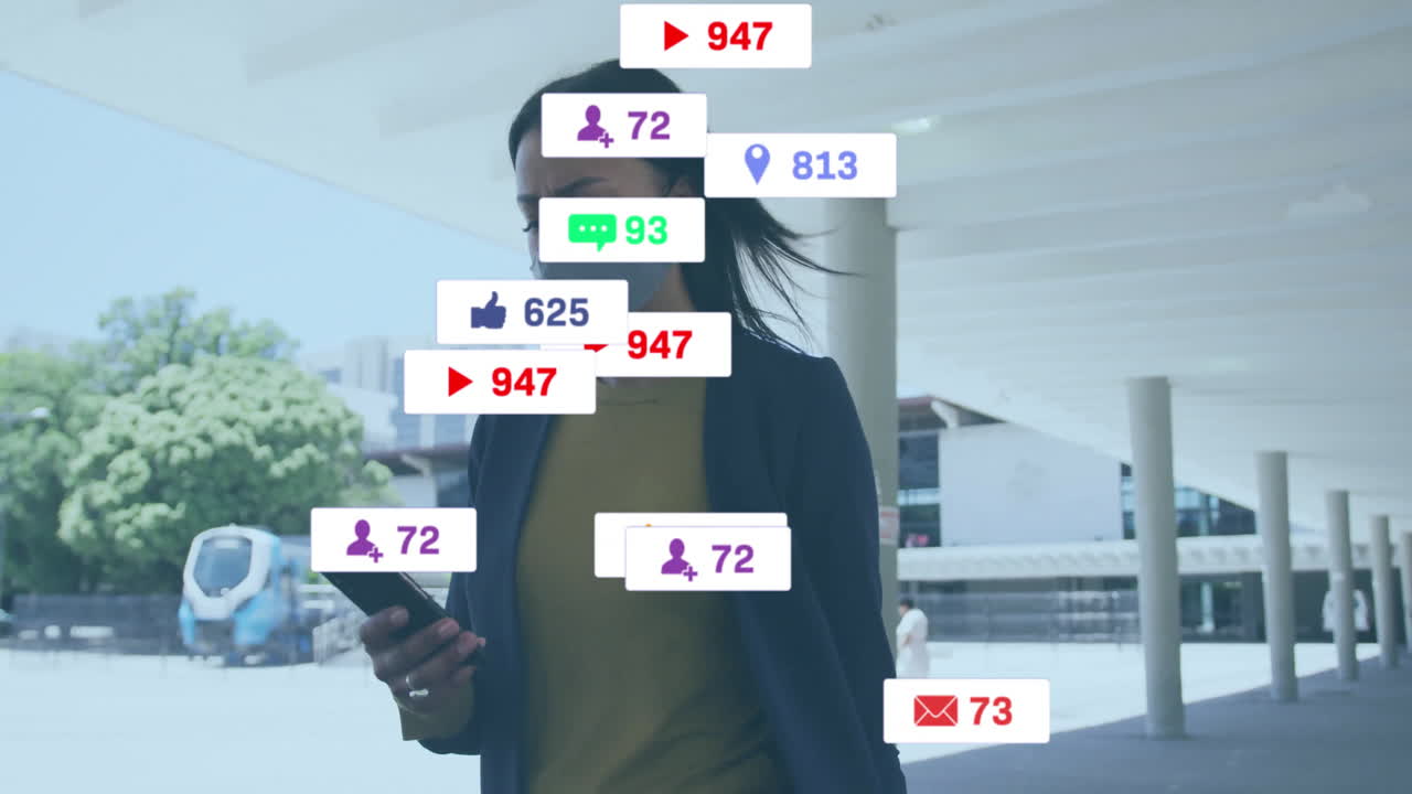 Wearing mask, woman using smartphone with animation of social media notifications