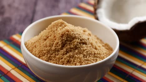 Coconut-sugar-in-a-white-bowl-on-table-,